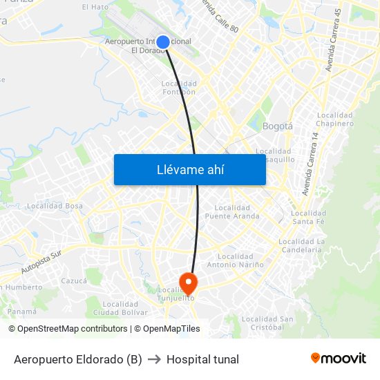 Aeropuerto Eldorado (B) to Hospital tunal map