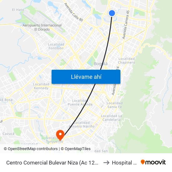 Centro Comercial Bulevar Niza (Ac 127 - Av. Suba) to Hospital tunal map