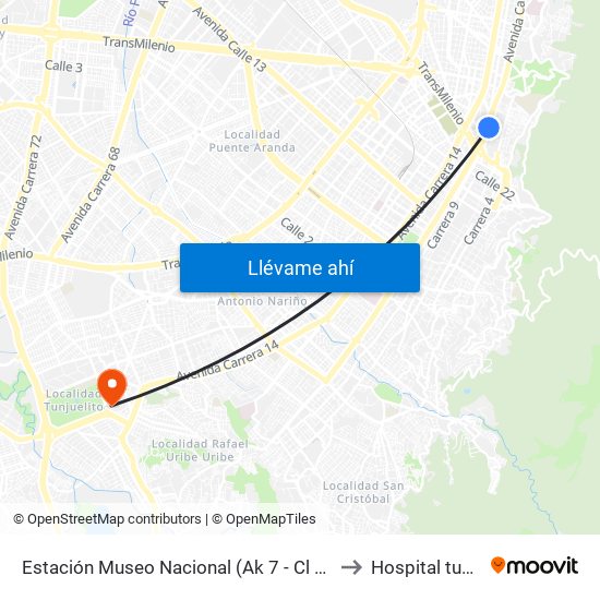 Estación Museo Nacional (Ak 7 - Cl 29) to Hospital tunal map