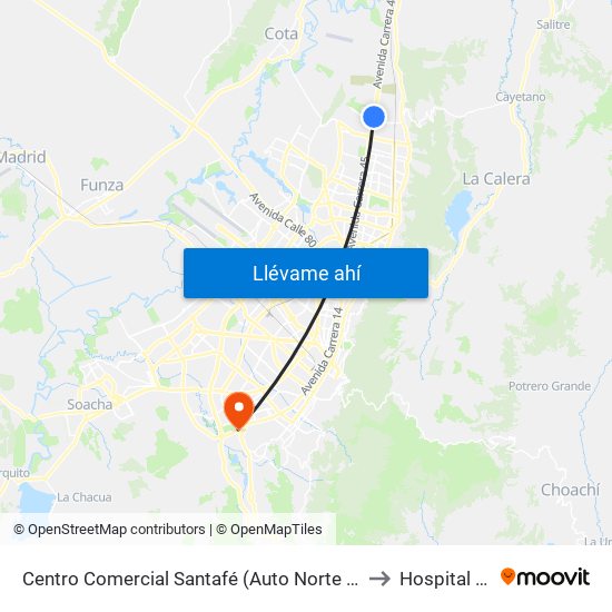 Centro Comercial Santafé (Auto Norte - Cl 187) (B) to Hospital tunal map