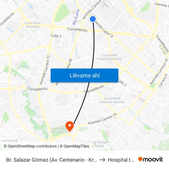 Br. Salazar Gómez (Av. Centenario - Kr 65) (A) to Hospital tunal map