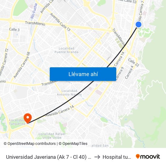 Universidad Javeriana (Ak 7 - Cl 40) (B) to Hospital tunal map