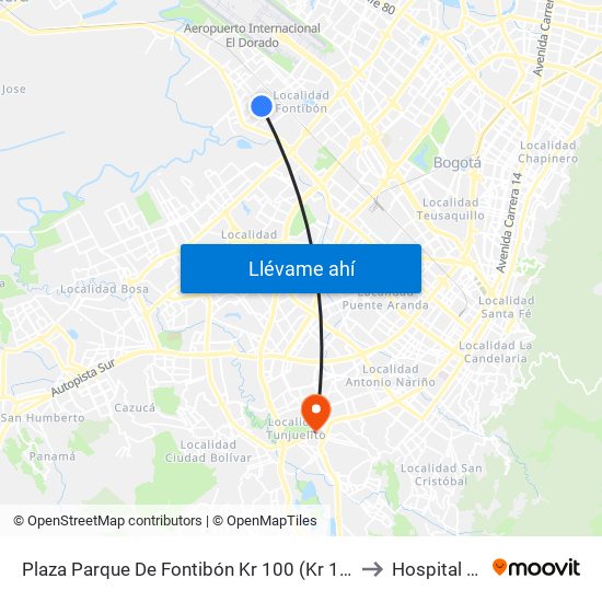 Plaza Parque De Fontibón Kr 100 (Kr 100 - Cl 17a) to Hospital tunal map