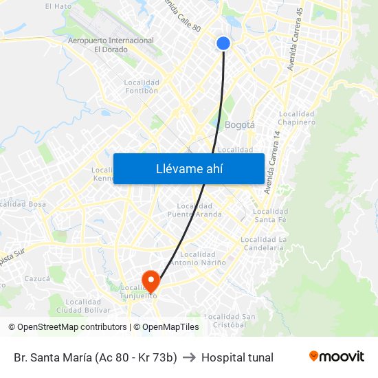 Br. Santa María (Ac 80 - Kr 73b) to Hospital tunal map