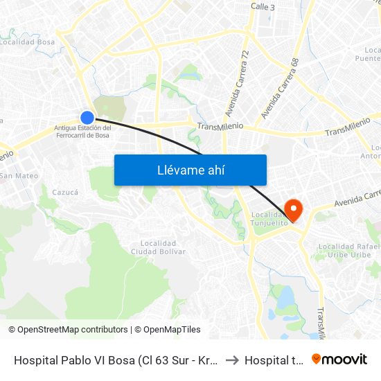 Hospital Pablo VI Bosa (Cl 63 Sur - Kr 77g) (A) to Hospital tunal map