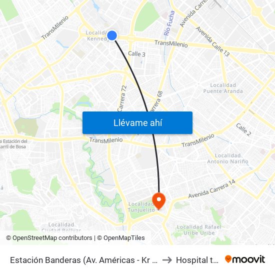 Estación Banderas (Av. Américas - Kr 78a) (A) to Hospital tunal map