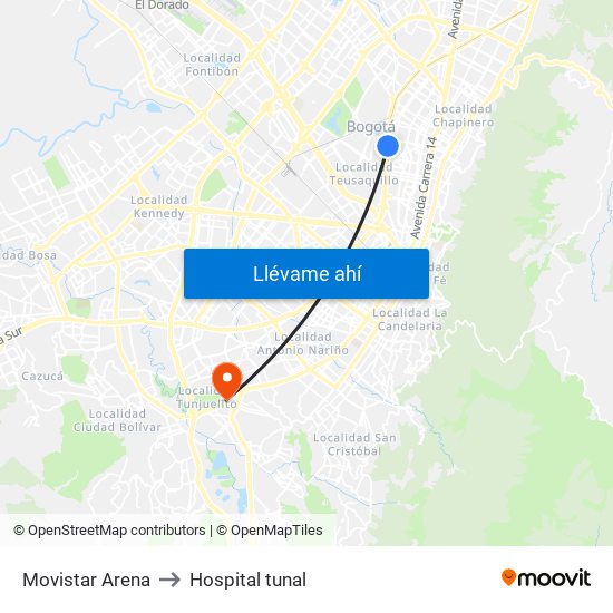 Movistar Arena to Hospital tunal map