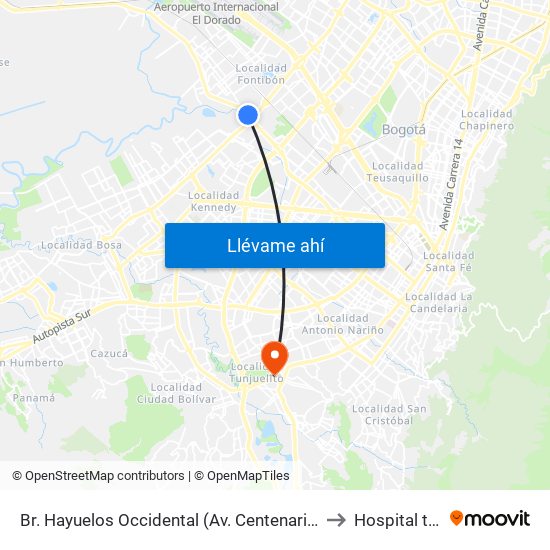 Br. Hayuelos Occidental (Av. Centenario - Kr 87) to Hospital tunal map