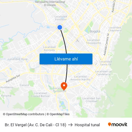 Br. El Vergel (Av. C. De Cali - Cl 18) to Hospital tunal map