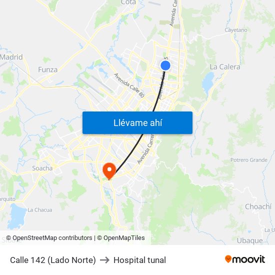 Calle 142 (Lado Norte) to Hospital tunal map