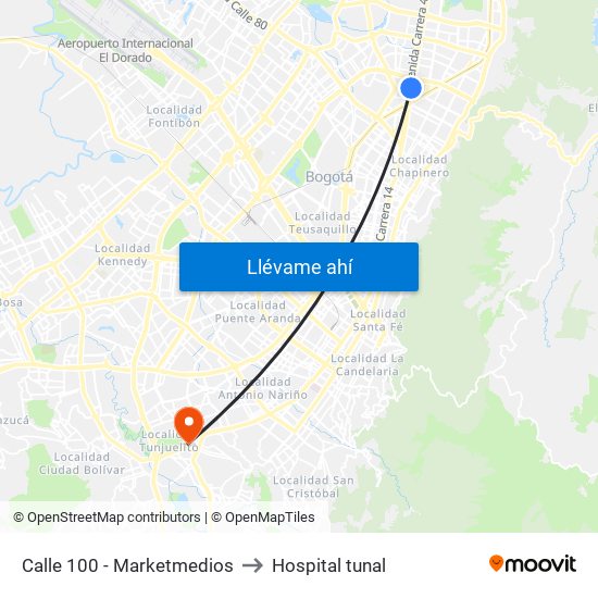 Calle 100 - Marketmedios to Hospital tunal map