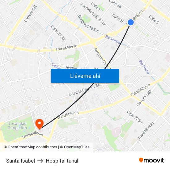 Santa Isabel to Hospital tunal map