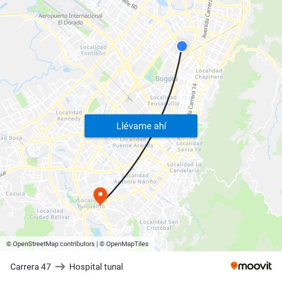 Carrera 47 to Hospital tunal map