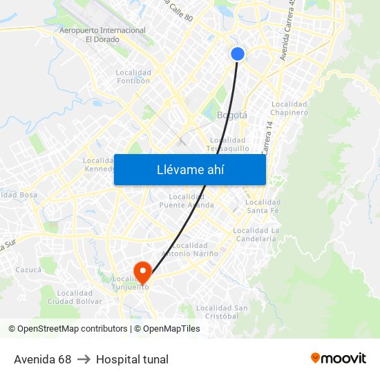 Avenida 68 to Hospital tunal map