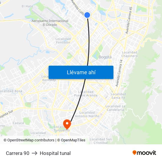 Carrera 90 to Hospital tunal map