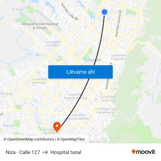 Niza - Calle 127 to Hospital tunal map