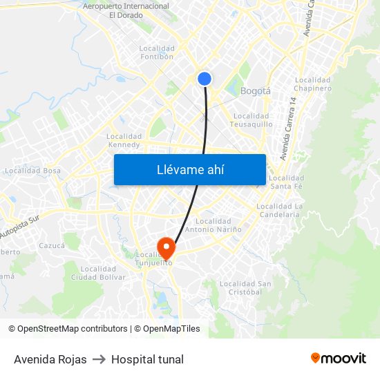Avenida Rojas to Hospital tunal map