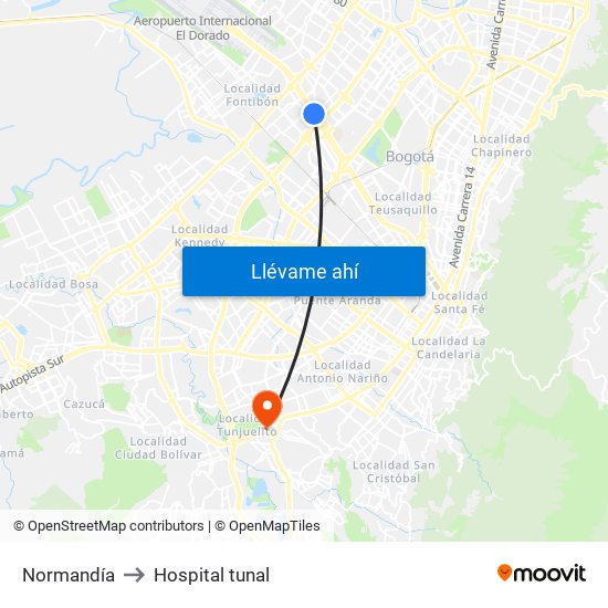 Normandía to Hospital tunal map