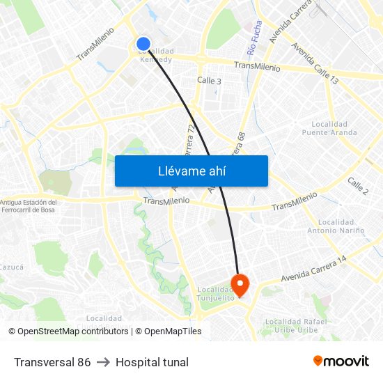 Transversal 86 to Hospital tunal map