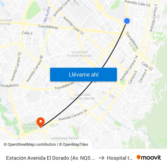 Estación Avenida El Dorado (Av. NQS - Cl 40a) to Hospital tunal map