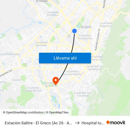 Estación Salitre - El Greco (Ac 26 - Ak 68) to Hospital tunal map