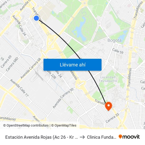 Estación Avenida Rojas (Ac 26 - Kr 69d Bis) (B) to Clinica Fundadores map