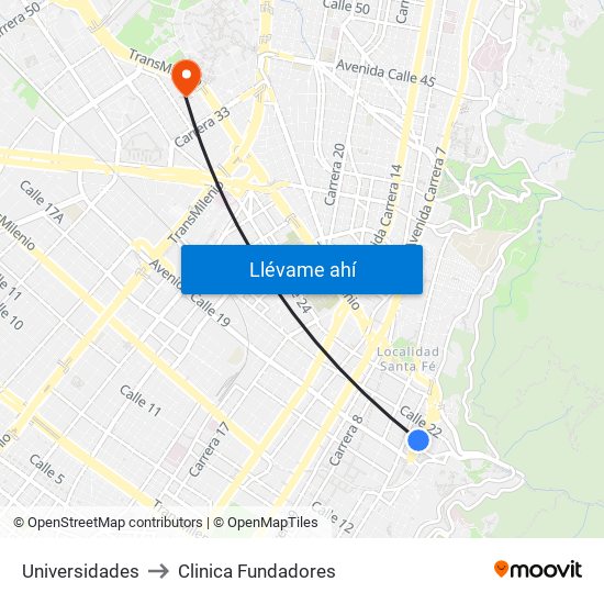 Universidades to Clinica Fundadores map