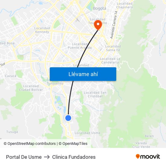 Portal De Usme to Clinica Fundadores map