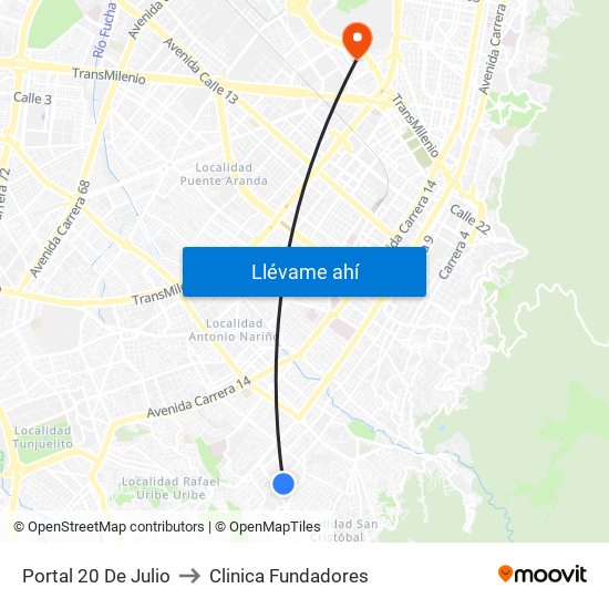 Portal 20 De Julio to Clinica Fundadores map