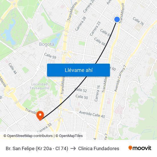 Br. San Felipe (Kr 20a - Cl 74) to Clinica Fundadores map