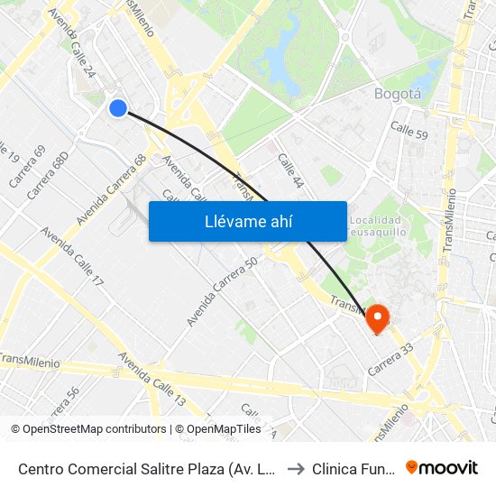 Centro Comercial Salitre Plaza (Av. La Esperanza - Kr 68b) to Clinica Fundadores map