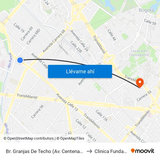 Br. Granjas De Techo (Av. Centenario - Kr 65) to Clinica Fundadores map