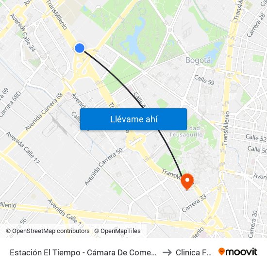 Estación El Tiempo - Cámara De Comercio De Bogotá (Ac 26 - Kr 68b Bis) to Clinica Fundadores map