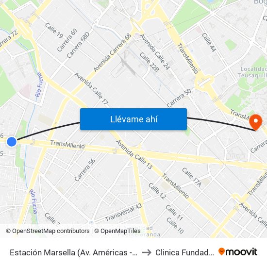 Estación Marsella (Av. Américas - Kr 69b) to Clinica Fundadores map