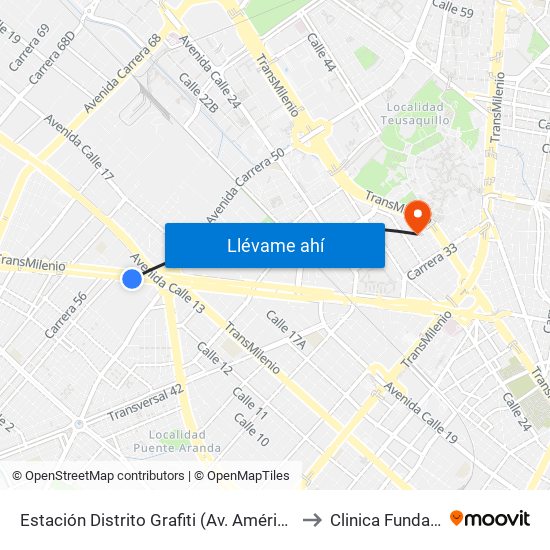 Estación Distrito Grafiti (Av. Américas - Kr 53a) to Clinica Fundadores map