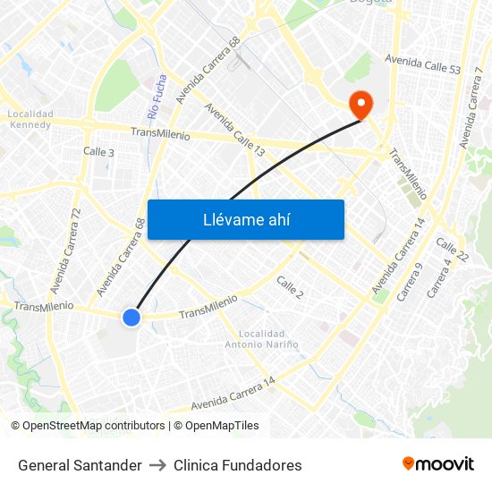 General Santander to Clinica Fundadores map