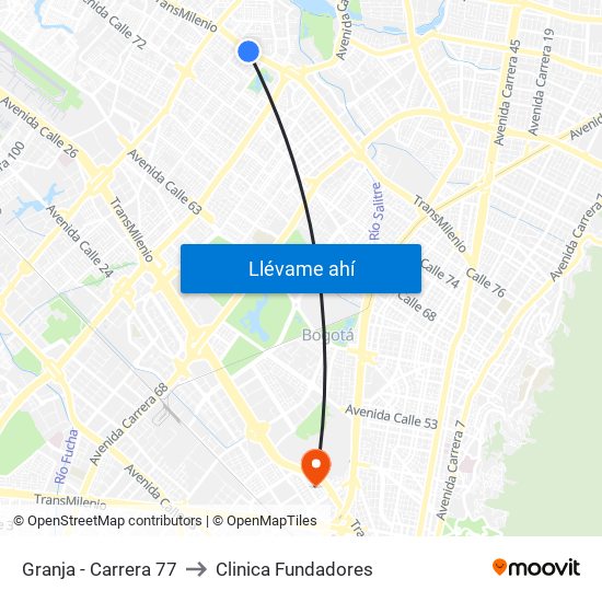 Granja - Carrera 77 to Clinica Fundadores map
