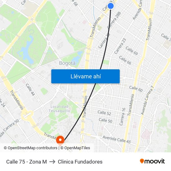 Calle 75 - Zona M to Clinica Fundadores map