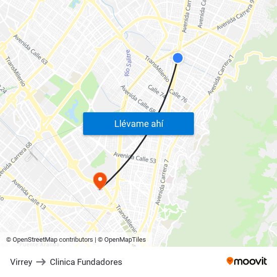 Virrey to Clinica Fundadores map