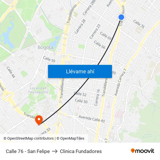 Calle 76 - San Felipe to Clinica Fundadores map