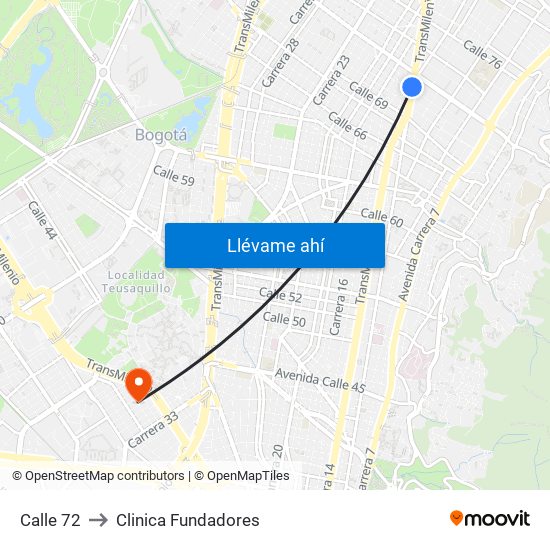 Calle 72 to Clinica Fundadores map