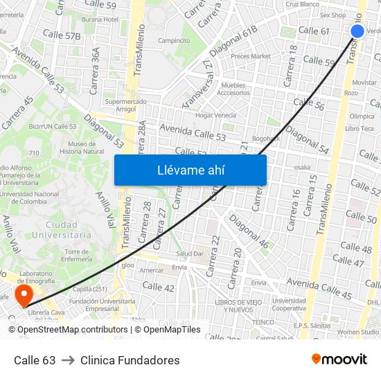 Calle 63 to Clinica Fundadores map
