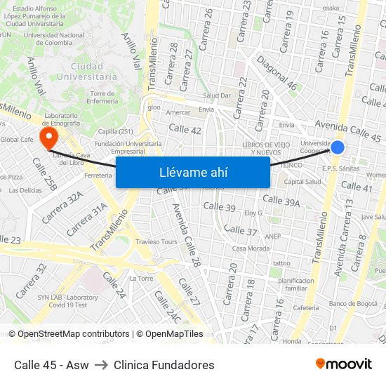 Calle 45 - Asw to Clinica Fundadores map