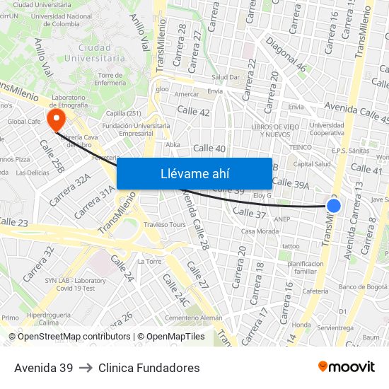 Avenida 39 to Clinica Fundadores map