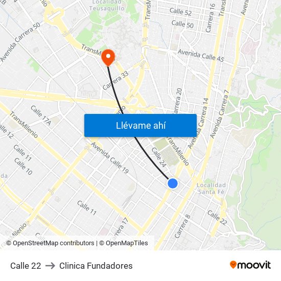 Calle 22 to Clinica Fundadores map