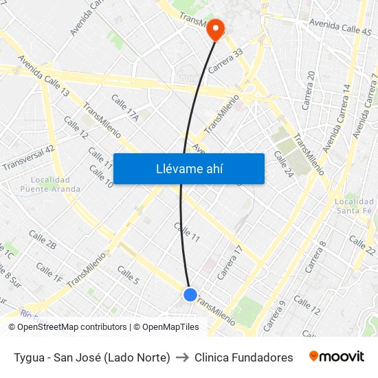 Tygua - San José (Lado Norte) to Clinica Fundadores map