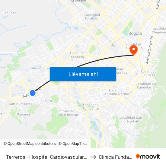 Terreros - Hospital Cardiovascular (Lado Sur) to Clinica Fundadores map