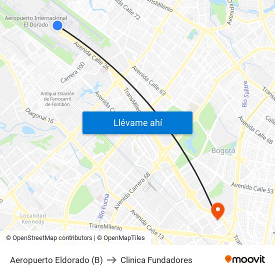 Aeropuerto Eldorado (B) to Clinica Fundadores map
