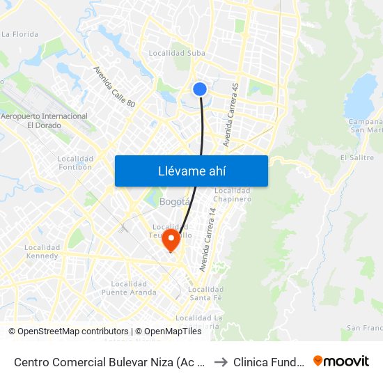 Centro Comercial Bulevar Niza (Ac 127 - Av. Suba) to Clinica Fundadores map