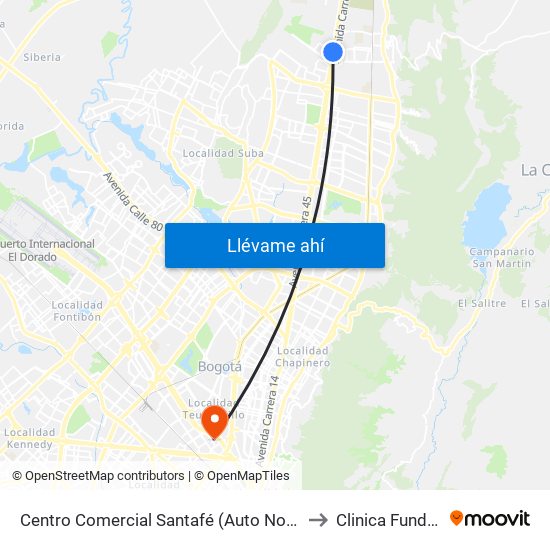 Centro Comercial Santafé (Auto Norte - Cl 187) (B) to Clinica Fundadores map